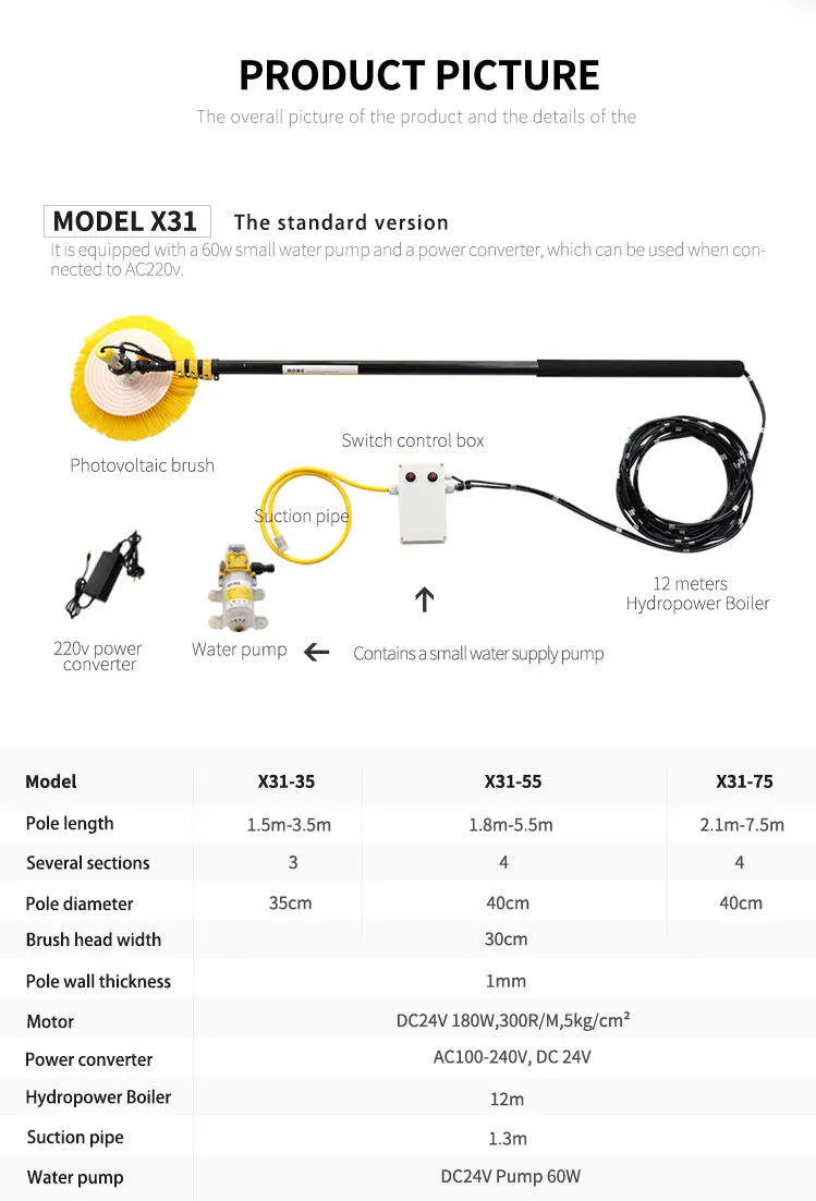 Single Head Electric Solar Photovoltaic Panel Cleaning Tool Water Fed Telescopic Pole Brush