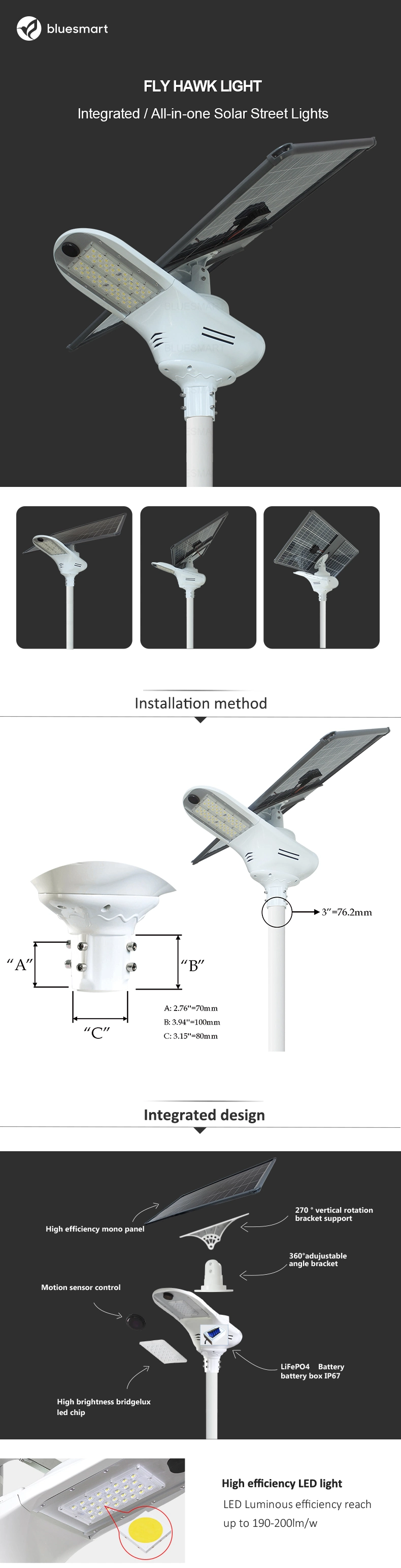 Street Solar Light Mono PV Module Power 50watts Complete with Mounting Pole